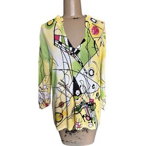 NVD Enveed Abstract Colorful Yellow V-Neck Lightweight Knit Sweater Sequin Bead
